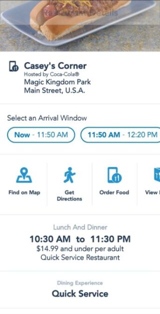 location pick up times on Mobile order at Disney