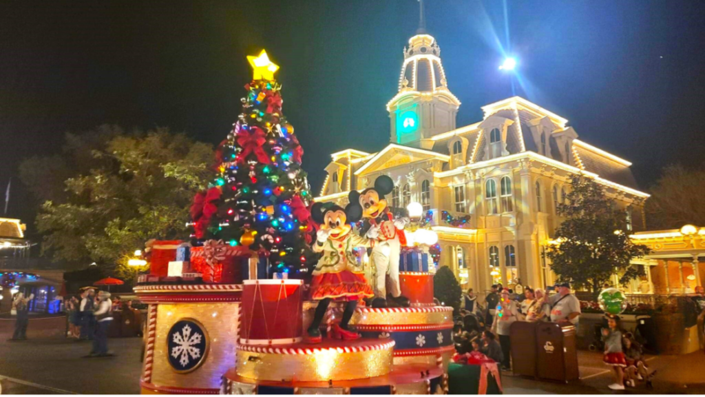 Mickey and Minnie on parade at Magic Kingdom Christmas Party.