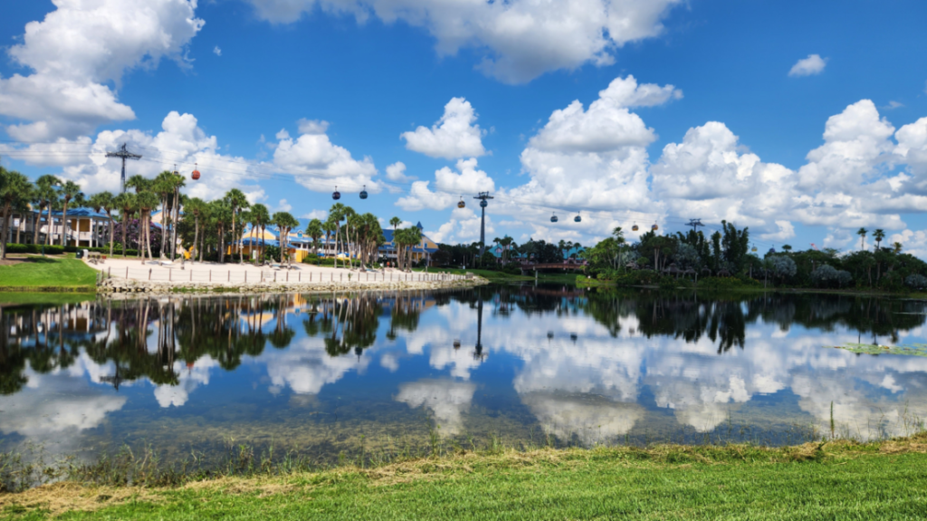 Walt Disney World Skyliner over Caribbean Beach Resort.