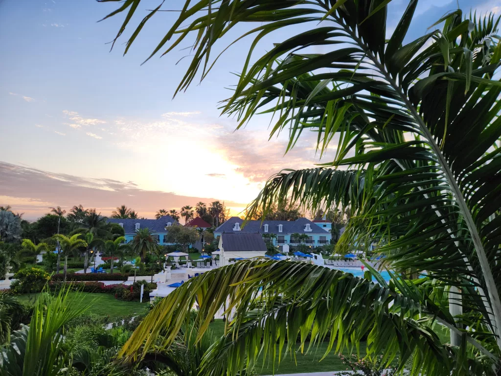 View of the sunrise over the French village pool.